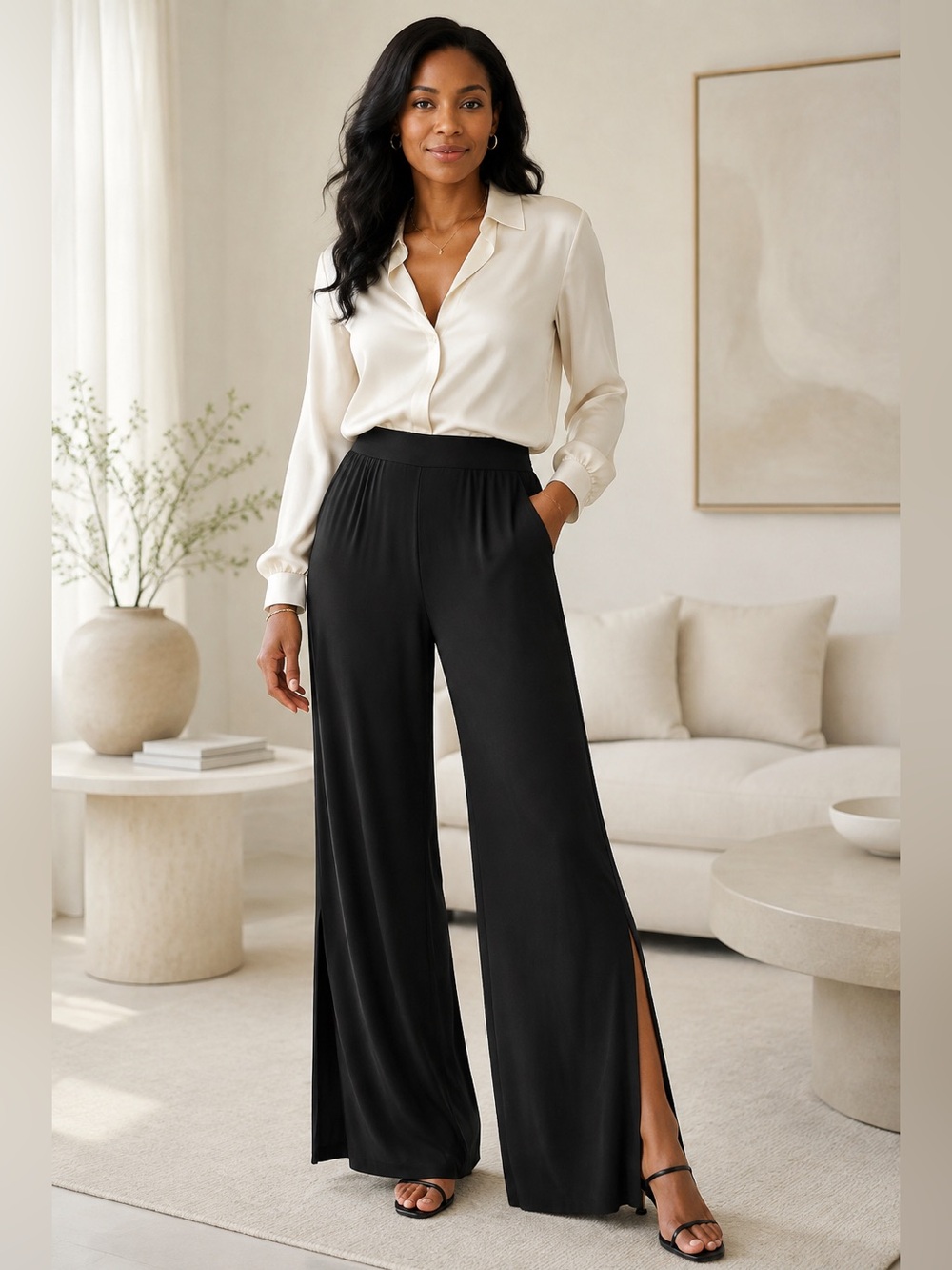 G by Giuliana Black Wide-Leg Jersey Pants LT TALL